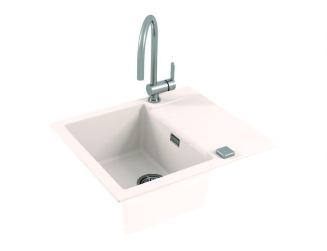 Belo granitno kuhinjsko korito s krom pipo, 3D model