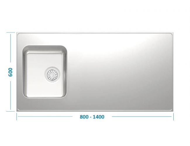 Minimalistično inox pomivalno korito dimenzij 600x800/1400z manjšim koritom na levi strani in veliko ravno odlagalno površino, prikazano od zgoraj na svetlem ozadju.