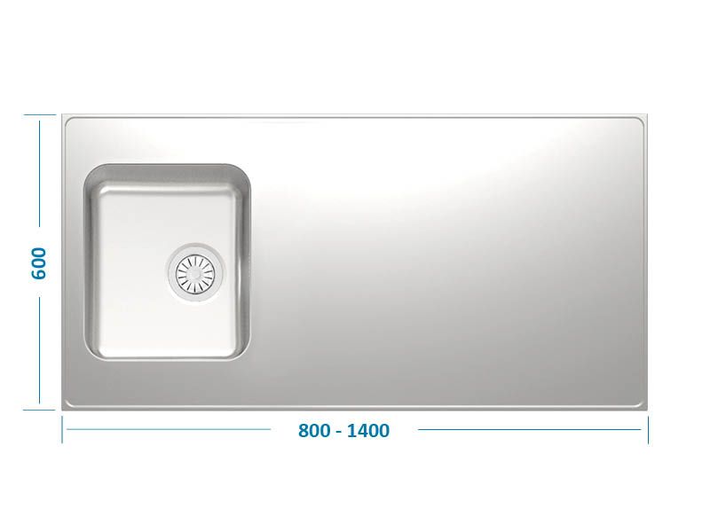 Minimalistično inox pomivalno korito dimenzij 600x800/1400z manjšim koritom na levi strani in veliko ravno odlagalno površino, prikazano od zgoraj na svetlem ozadju.