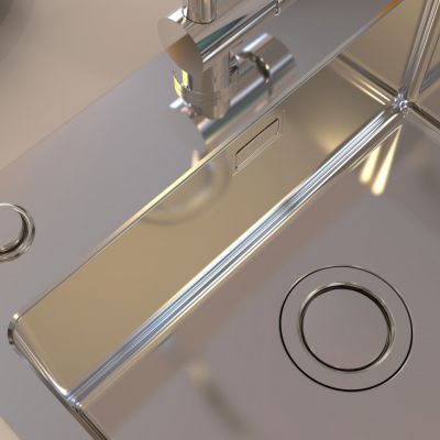 straight lines and smooth surfaces of a kitchen sink and Push Pop-Up siphon system
