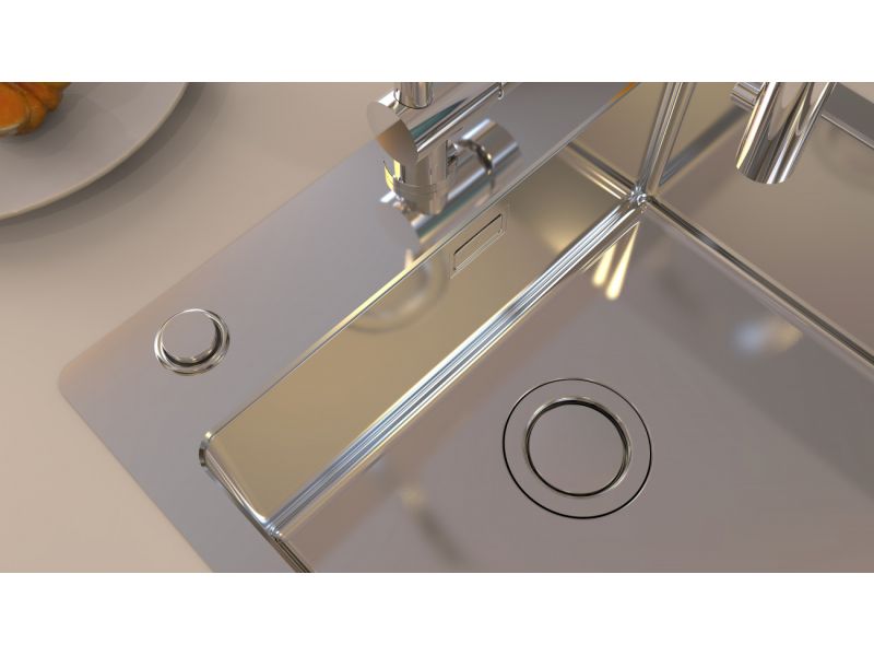 straight lines and smooth surfaces of a kitchen sink and Push Pop-Up siphon system