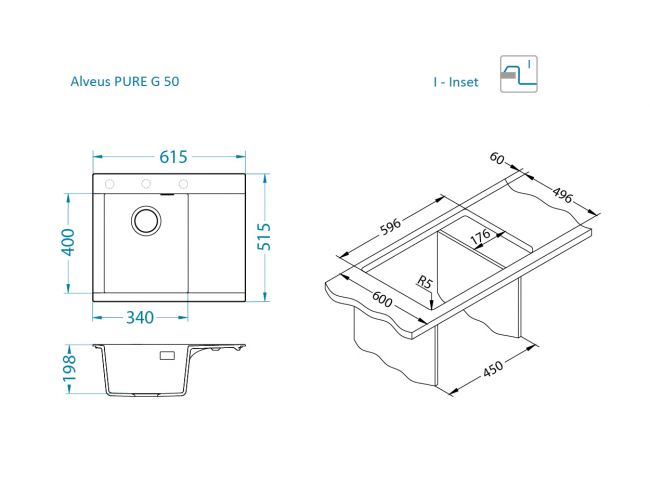 Dimenzije Pure-G 50 pomivalno korito