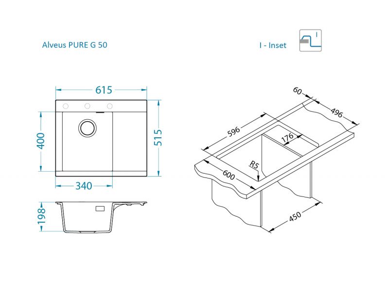 Dimenzije Pure-G 50 pomivalno korito