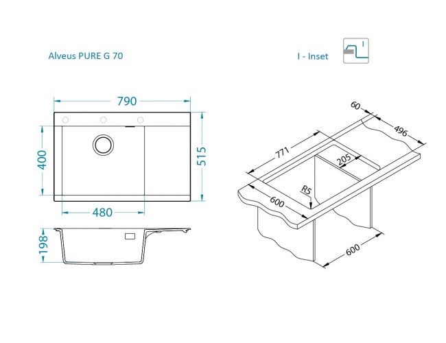 Dimenzije Pure-G 70 pomivalno korito