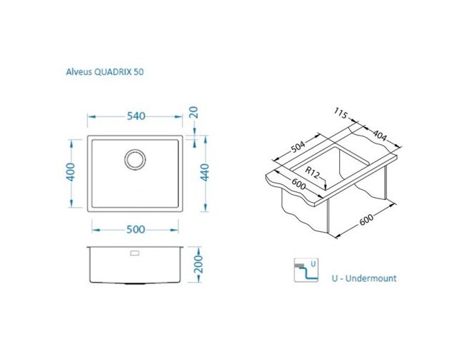Dimenzije pomivalnika ALveus Quadrix 50, U instalacija