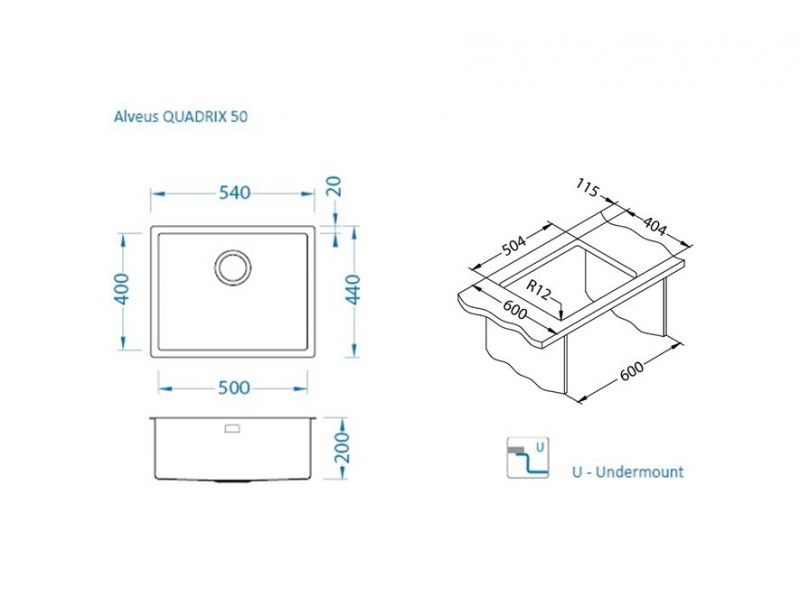 Dimenzije pomivalnika ALveus Quadrix 50, U instalacija